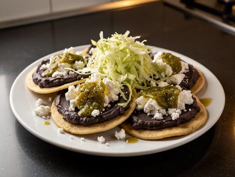 Memelas med sorte bønner, queso fresco og salsa verde Memelas med sorte bønner, queso fresco og salsa verde