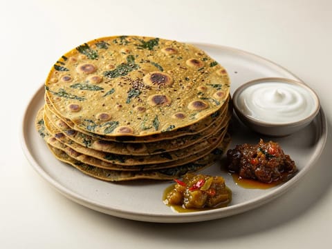 Methi thepla joghurttal és savanyúsággal