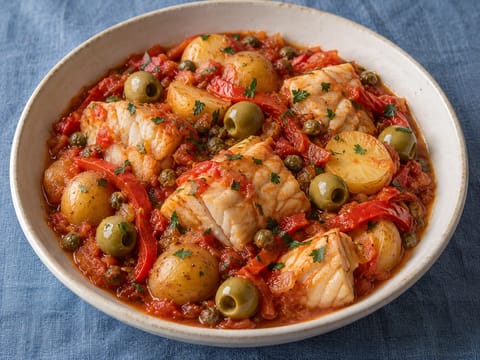 Bacalao a la Vizcaína (suolaturskapata tomaatilla, paprikalla ja oliiveilla) Bacalao a la Vizcaína (suolaturskapata tomaatilla, paprikalla ja oliiveilla)