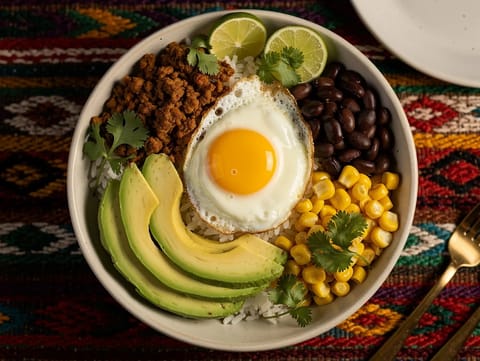 Bol de bibimbap de inspiración mexicana con ternera especiada y huevo frito Bol de bibimbap de inspiración mexicana con ternera especiada y huevo frito