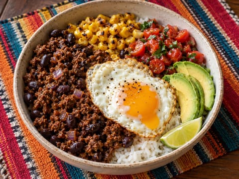 Μπολ bibimbap με μεξικάνικη έμπνευση με πικάντικο μοσχάρι και τηγανητό αυγό Μπολ bibimbap με μεξικάνικη έμπνευση με πικάντικο μοσχάρι και τηγανητό αυγό