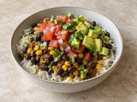 Bol mexican cu fasole neagră, orez, salsa și avocado Bol mexican cu fasole neagră, orez, salsa și avocado