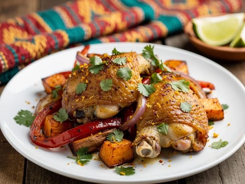 Mexikanisches Hähnchen-Blechgericht mit Süßkartoffel und Chipotle-Limette Mexikanisches Hähnchen-Blechgericht mit Süßkartoffel und Chipotle-Limette
