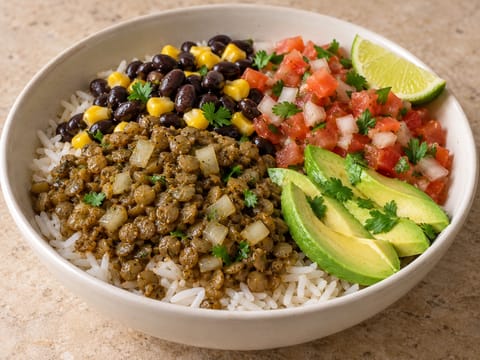 Mexicansk linsebolle med ris, salsa og avokado Mexicansk linsebolle med ris, salsa og avokado