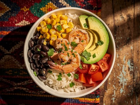 Bowl messicana di gamberi con riso, fagioli neri e lime