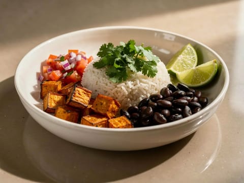 Bol mexicano de boniato con alubias negras, arroz y salsa Bol mexicano de boniato con alubias negras, arroz y salsa
