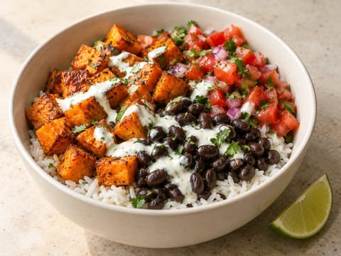 Mexicaanse zoete-aardappelbowl met bonen, rijst en salsa Mexicaanse zoete-aardappelbowl met bonen, rijst en salsa