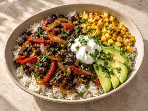 Mexikói zöldséges burrito bowl fekete babbal és avokádóval Mexikói zöldséges burrito bowl fekete babbal és avokádóval