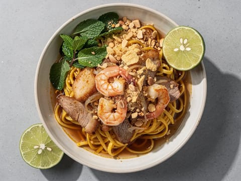 Mi Quang (Kurkuma-Nudeln mit Schweinefleisch und Garnelen) Mi Quang (Kurkuma-Nudeln mit Schweinefleisch und Garnelen)
