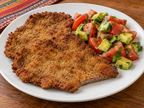 Milanesa de Res (panerte biffskiver) med tomat- og avokadosalat Milanesa de Res (panerte biffskiver) med tomat- og avokadosalat