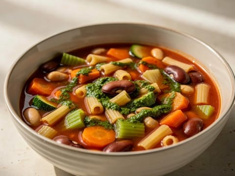 Minestrone (italská polévka se zeleninou, fazolemi a těstovinami) Minestrone (italská polévka se zeleninou, fazolemi a těstovinami)
