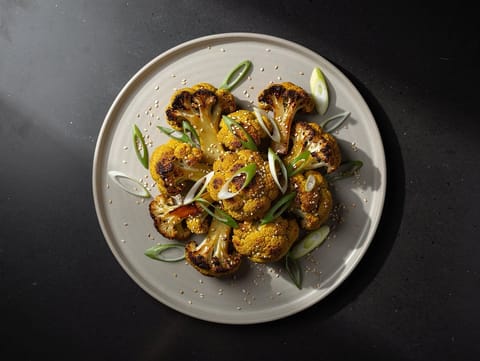Pieczony kalafior w miso z sezamem i dymką Pieczony kalafior w miso z sezamem i dymką