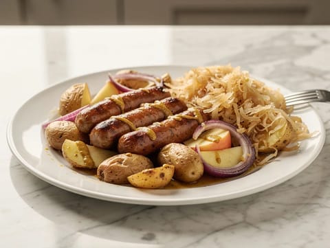 Modern bratwurst tepsis egytálétel burgonyával, almával és mustárral Modern bratwurst tepsis egytálétel burgonyával, almával és mustárral