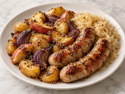 Modern bratwurst i ugnsform med potatis, äpple och senap Modern bratwurst i ugnsform med potatis, äpple och senap