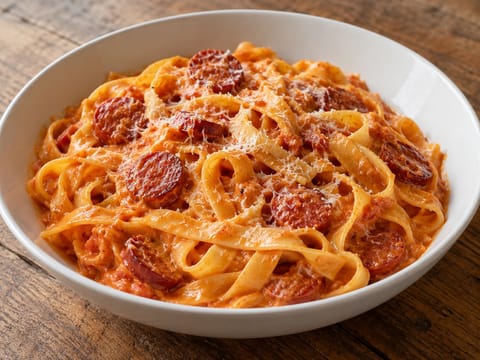 Pasta al chorizo con salsa cremosa di pomodoro affumicato Pasta al chorizo con salsa cremosa di pomodoro affumicato