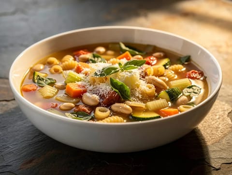 Sopa minestrone ligera moderna con alubias cannellini y pasta