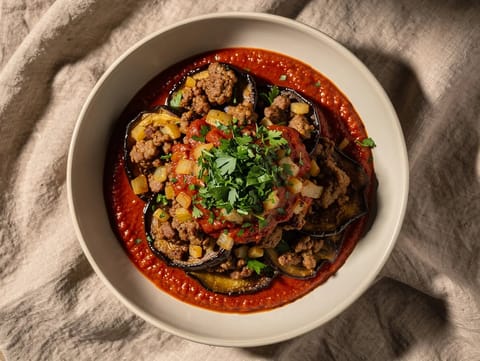 Modern Moussaka Bowl with Aubergine and Lamb