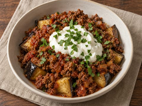 Moderne moussaka-bowl med aubergine og lam Moderne moussaka-bowl med aubergine og lam