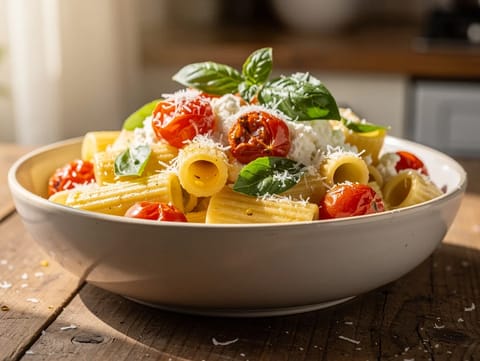 Rigatoni citromos ricottával és hólyagosra sült koktélparadicsommal