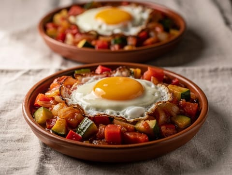 Pisto mit Spiegelei (spanischer Tomaten-Zucchini-Eintopf) Pisto mit Spiegelei (spanischer Tomaten-Zucchini-Eintopf)