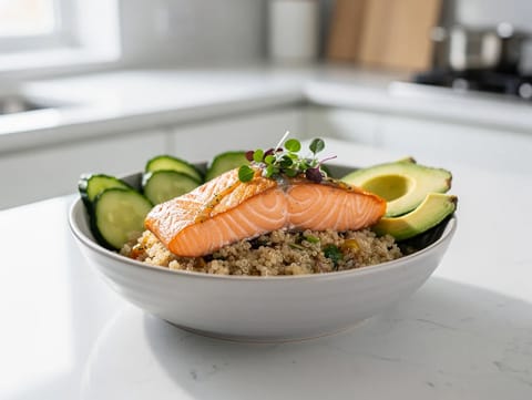 Moderne Lachs-Getreide-Bowl mit Quinoa