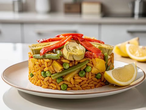 Moderne Gemüse-Paella (Safranreis mit Artischocken und Paprika) Moderne Gemüse-Paella (Safranreis mit Artischocken und Paprika)