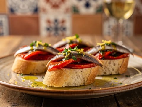 Montaditos de Anchoa y Pimiento (szardellás és sült paprikás pirítósok) Montaditos de Anchoa y Pimiento (szardellás és sült paprikás pirítósok)