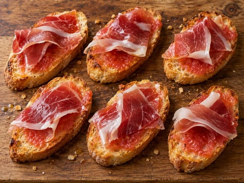 Montaditos de Jamón y Tomate (sanduíches abertas de presunto e tomate tostadas) Montaditos de Jamón y Tomate (sanduíches abertas de presunto e tomate tostadas)