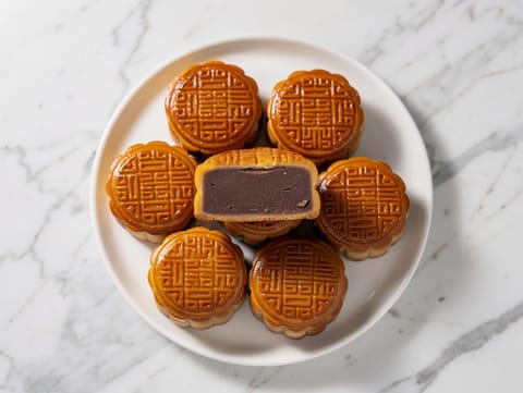 Mooncakes (pečené koláčky se zlatým sirupem a náplní z červených fazolí)