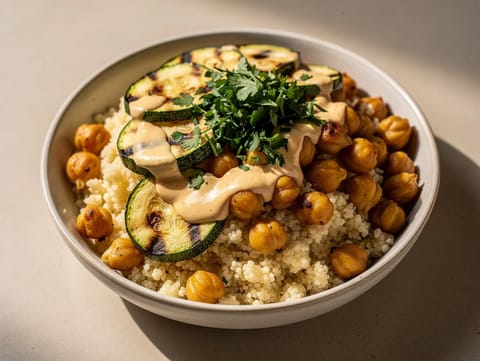 Bol cu couscous de conopidă în stil marocan, cu năut și tahini