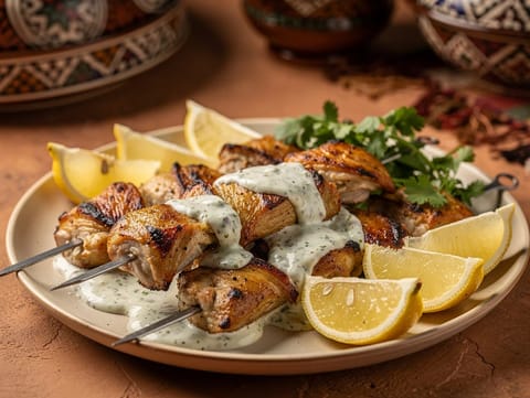 Marokkaanse kippenspiesen met yoghurt, knoflook en komijn