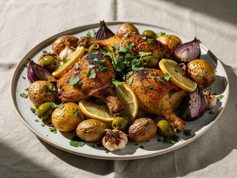 Pollo marroquí al horno en bandeja con limón en conserva y aceitunas