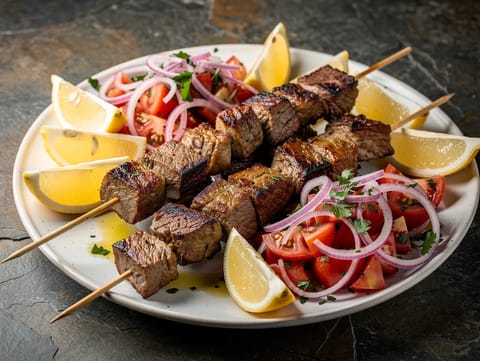 Marockanskt fat med lammspett (lamm-brochettes) Marockanskt fat med lammspett (lamm-brochettes)