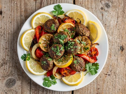 Marokkansk lamme-kofta traybake med paprika og tomater Marokkansk lamme-kofta traybake med paprika og tomater