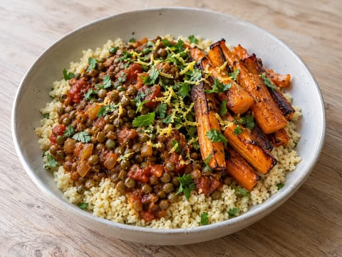 Bowl di lenticchie marocchina con couscous e carote arrosto