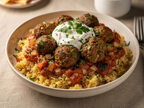 Marockanskt kryddad lammköttbullsbowl med couscous