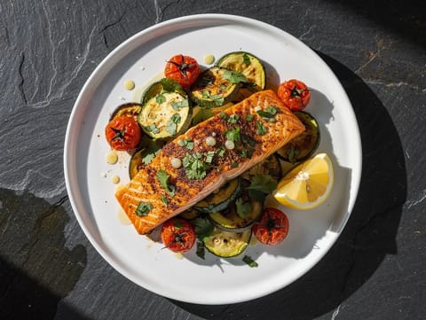 Marokkaans gekruide zalm traybake met courgette en tomaat Marokkaans gekruide zalm traybake met courgette en tomaat