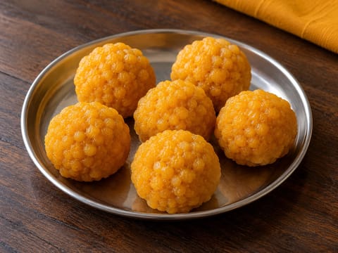 Motichoor Ladoo (sladkosti boondi v kardamomovém sirupu)
