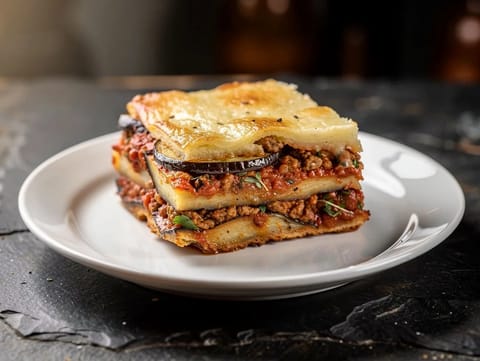 Moussaka (geschichteter Auberginen- und Lammhack-Auflauf)