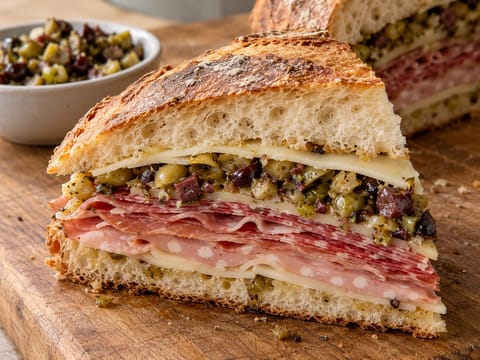 Muffuletta Sandwich met olijvensalade Muffuletta Sandwich met olijvensalade