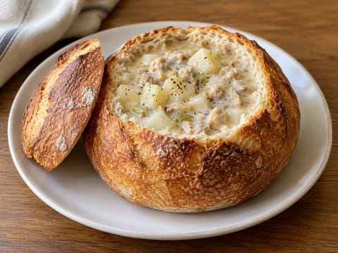 New England Clam Chowder in een zuurdesembroodkom New England Clam Chowder in een zuurdesembroodkom