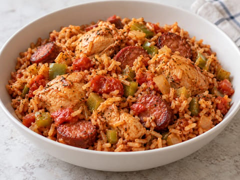 New Orleans-i jambalaya (egytálétel csirkével, kolbásszal és rizzsel) New Orleans-i jambalaya (egytálétel csirkével, kolbásszal és rizzsel)