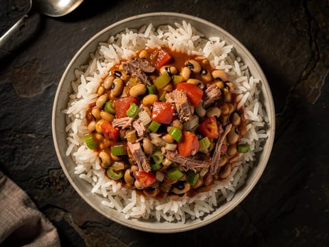 New Year Black-Eyed Peas (gryte med røkt svineknoke og tomat)
