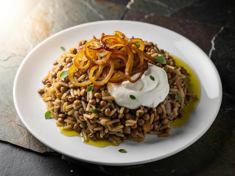 Mujaddara (lentejas, arroz y cebollas caramelizadas)
