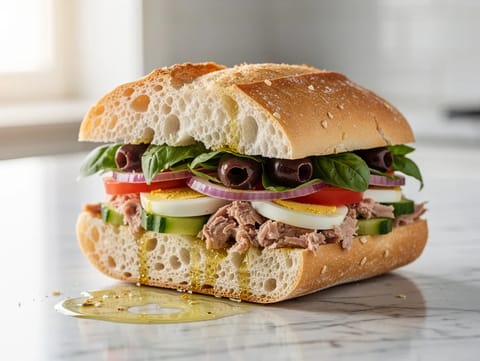 Pan Bagnat (Niçoise-Sandwich mit Thunfisch und Ei) Pan Bagnat (Niçoise-Sandwich mit Thunfisch und Ei)