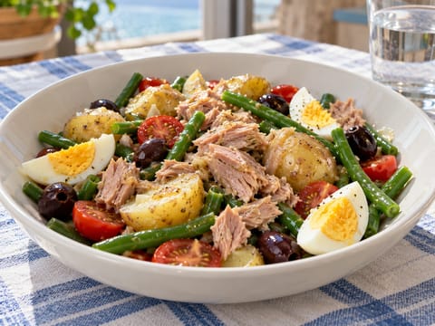 Bol de salată cu ton în stil Niçoise, cu cartofi și ouă Bol de salată cu ton în stil Niçoise, cu cartofi și ouă