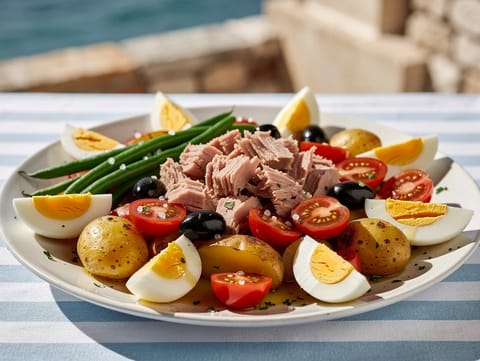 Miska s tuňákovým salátem ve stylu Niçoise s bramborami a vejci Miska s tuňákovým salátem ve stylu Niçoise s bramborami a vejci