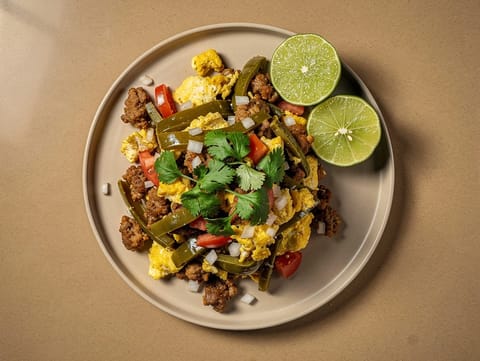 Nopales con Chorizo y Huevo (cactus, chorizo et œufs) Nopales con Chorizo y Huevo (cactus, chorizo et œufs)