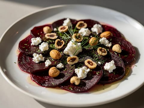 Carpaccio nórdico de beterraba com queijo de cabra e avelãs