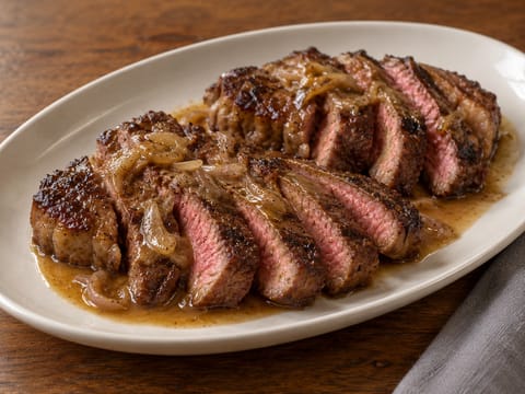 Newyorský strip steak s dijonskou šalotkovou omáčkou z pánve
